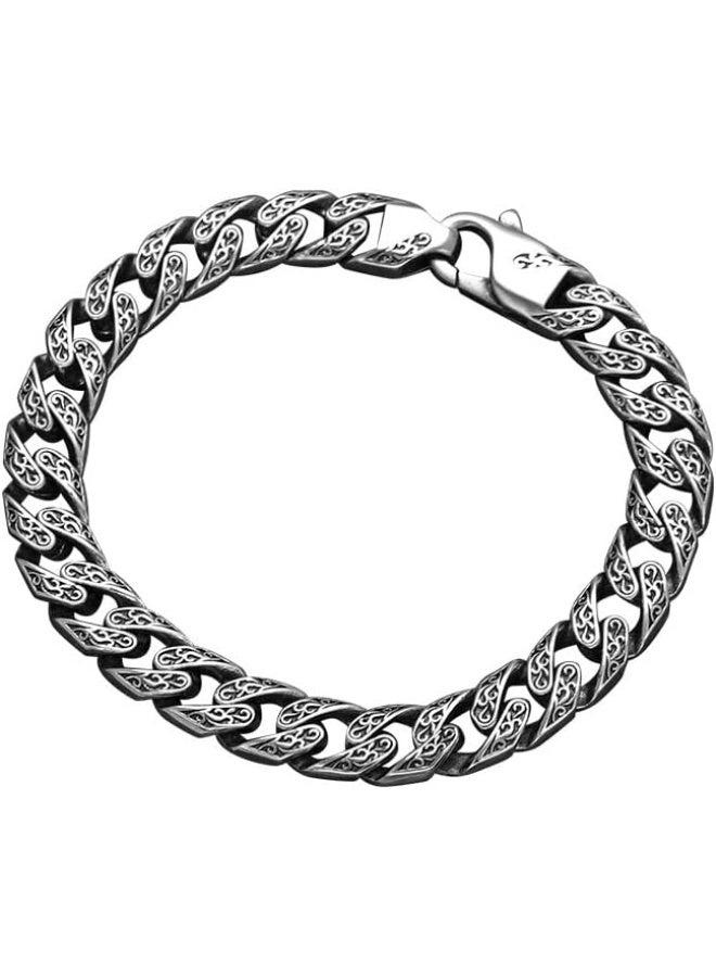 SHOWDAY Men’s Stainless Steel Chain Bracelet, Engraved Cuban Link Silver Tone Bracelet for Men, Heavy Duty Clasp, Vintage Punk Biker Jewelry Gift - Image 1
